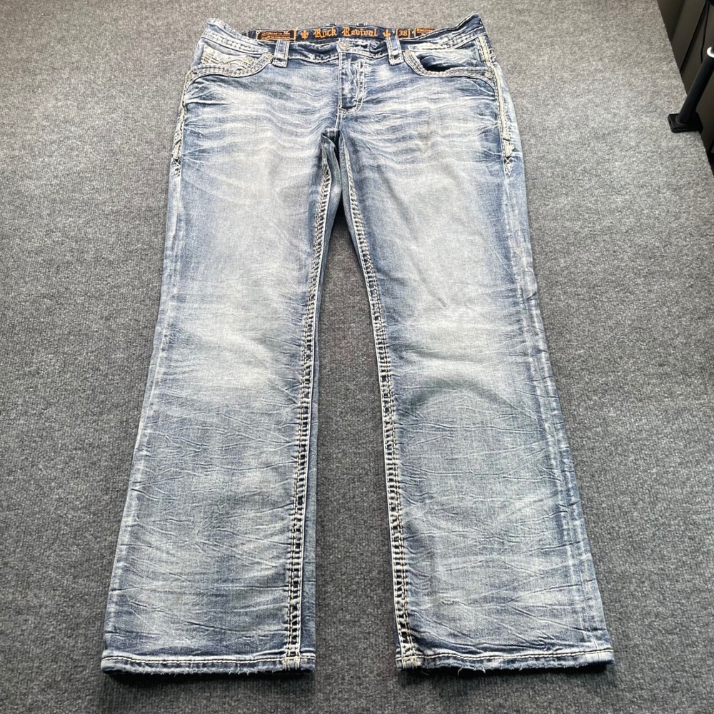 Rock Revival Emiliano Boot Cut Jeans Mens 38 Blue Distressed Heavy Stitch Denim
